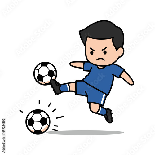 Determined young soccer player in blue uniform kicking a football with intense focus, another ball nearby.