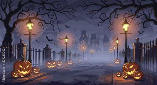 Spooky Halloween night with glowing jack-o'-lanterns, haunted houses, and bats under eerie streetlights