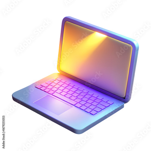 3D isometric laptop casting neon hologram display on white background.