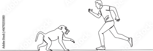 Single line art depicting a man fleeing in terror from an aggres