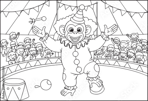 Cute cartoon monkey clown performing at the circus for a cheerfu