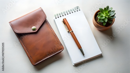 Leather notebook, pen, and succulent plant