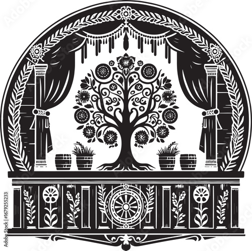 Intricate Black and White Illustration Featuring a Symbolic Cannabis Leaf and Checklist Design