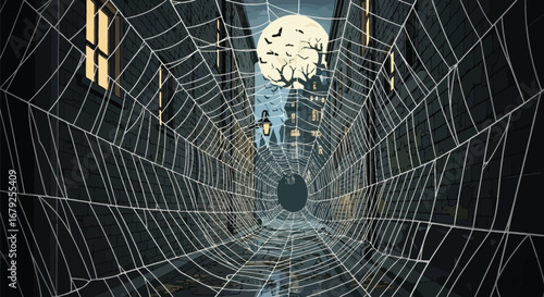 Spooky Halloween alley with giant spiderweb, haunted house, bats, and full moon