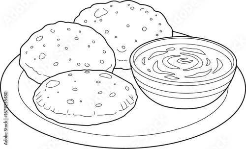 Monochrome Food Illustration featuring Indian flatbreads and a b