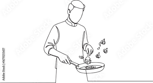 Continuous line drawing of a chef preparing food with garlic in