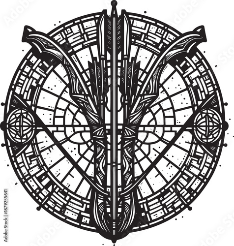 Intricate Black and White Geometric Mandala Design with Celestial and Starry Elements