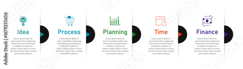 Business process visualization with 5 steps white diagram in two row | Arrow indicator vector illustration with icon | Modern elegant design for presentation, web, corporate with black color