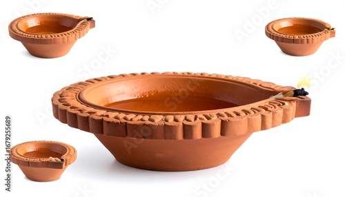Four terracotta diya lamps against white background