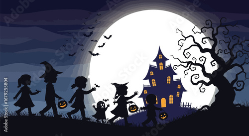 Eerie Halloween night with children trick or treating near haunted house under the moonlight sky