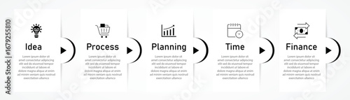 Business process visualization with 5 steps white diagram in two row | Arrow indicator vector illustration with icon | Modern elegant design for presentation, web, corporate with black curve