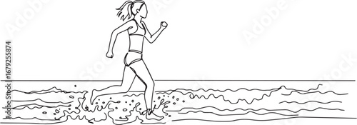 Minimalist single line drawing of a woman jogging in the ocean w