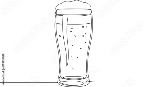 Continuous line art illustration of a beer glass with frothy hea