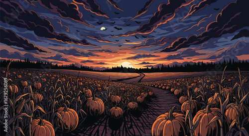 Spooky harvest season with pumpkins and bats silhouetted against stunning sunset skies on Halloween night