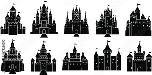 Collection of medieval castle silhouettes, fantasy fortress vector icons, ancient architecture, fairytale palace design, isolated black historic building illustrations