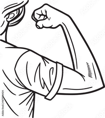 Empowered Woman Flexing Muscular Arm, Fitness Strength Illustration