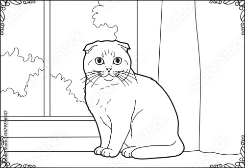 Line art illustration of a scottish fold cat sitting near a wind