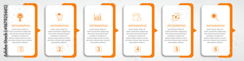 Timeline business process visualization with icon | Modern infographic one side orange border with arrow indicator suit for web, corporate, presentation | 6 steps white diagram vector illustration
