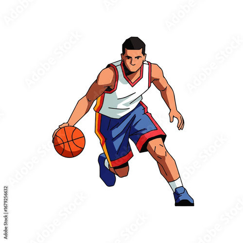 Isolated vector illustration of a male basketball player in a sports uniform dribbling the ball with athletic intensity