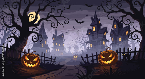 Spooky Halloween night scene with glowing pumpkins, haunted houses, bats, and black cat creating eerie festive fun