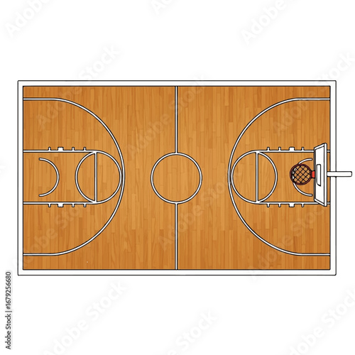 Detailed aerial view of a classic wooden basketball court layout, a template for illustrating sports strategy and competitive game plans