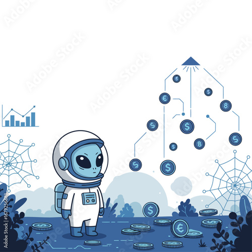 A cute alien astronaut character observes a futuristic financial network with coins and charts.