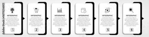 Timeline business process visualization with icon | Modern infographic one side black border with arrow indicator suit for web, corporate, presentation | 6 steps white diagram vector illustration