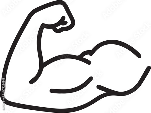 Strong Muscular Arm Sketch, Fitness Energy Symbol, Black Outline Art