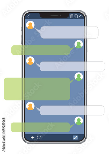 Digital Messaging: A sleek smartphone showcases an engaging chat interface, with vibrant message bubbles and user icons floating above a light background