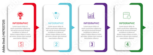 Timeline business process visualization with icon | Modern infographic one side colorful border with arrow indicator suit for web, corporate, presentation | 4 steps white diagram vector illustration