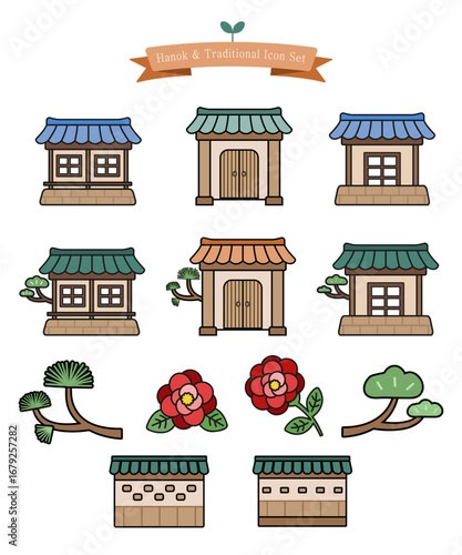 Traditional Korean Hanok House Icon Illustration Set