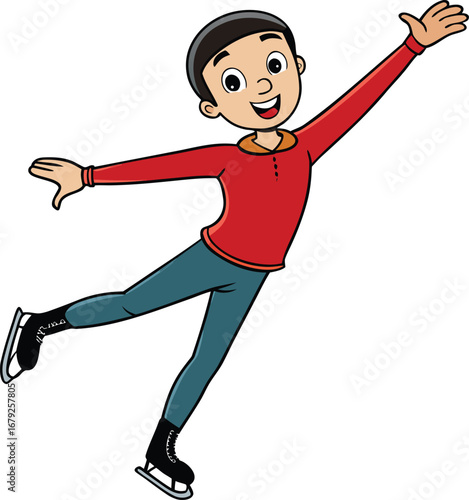 Vector illustration of a happy boy ice skating