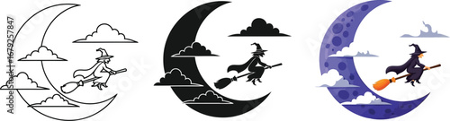 Spooky halloween witch flying on broomstick past crescent moon in the night sky for festive designs