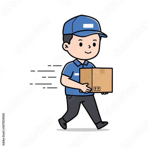 A cheerful cartoon delivery person wearing a blue uniform and cap, briskly walking while holding a cardboard package with speed lines indicating motion.