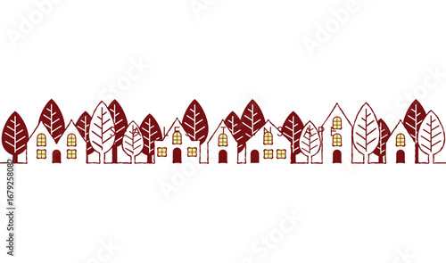 Neighborhood Harmony: A serene linear illustration captures a charming village landscape with quaint houses and vibrant trees, conveying a sense of tranquility and idyllic community living. 
