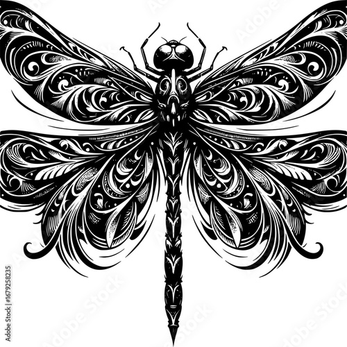 Dragonfly Intricate Art: A meticulously crafted monochrome artwork of a dragonfly showcases elaborate patterns and design, highlighting the delicate beauty of the insect world. 