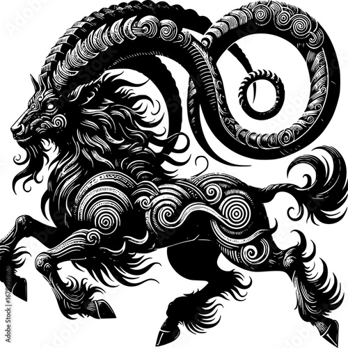 Majestic Zodiac Capricorn in artistic black and white: A striking monochrome illustration of the zodiac Capricorn, showcasing its intricate design with detailed patterns and symbolic representation.