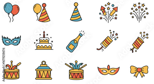Vibrant celebration icons featuring balloons, party hats, fireworks, masquerade masks, birthday cake, champagne, poppers, drums, and bows for festive events