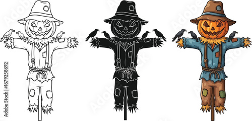 Spooky scarecrow with pumpkin head and perched crows celebrates Halloween in cute coloring style