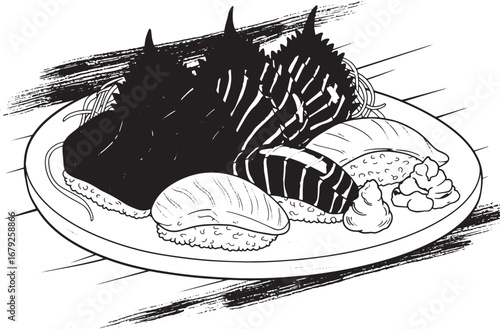 Illustration of Assorted Sashimi and Nigiri on a White Plate wit