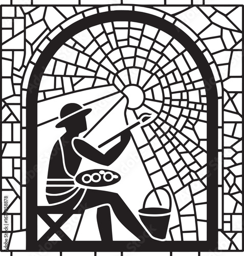 Elegant black and white illustration of a gas can within a decorative ornate frame design