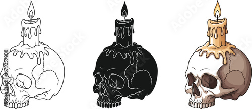 Spooky skull with dripping candle illustration for Halloween designs or gothic themed projects and crafts