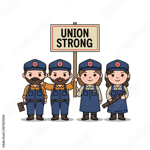 Cartoon illustration of a labor union protest with workers holding a sign that reads "Union Strong".
