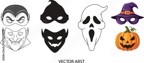 Spooky Halloween masks and pumpkin icons for your scary season designs and party invitations now trending