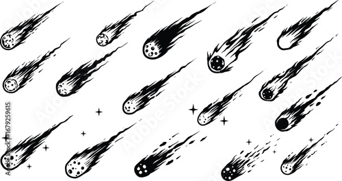 Black and white meteor and comet icons set, hand-drawn style, space objects vector illustrations, cosmic fireballs, astronomy, outer space elements