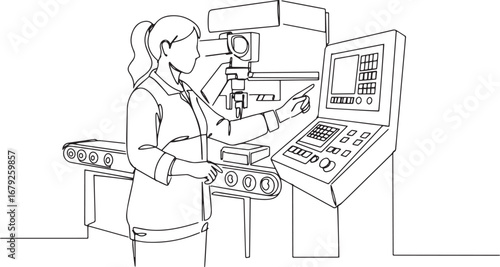 Continuous line drawing showcasing woman operating automated fac