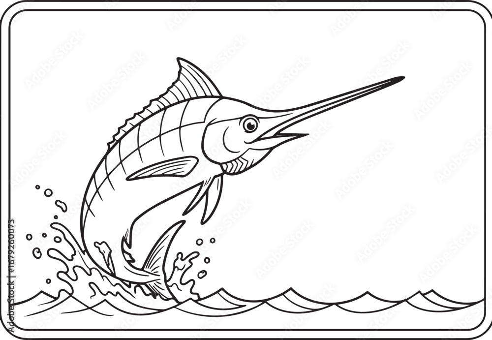 Fototapeta premium Black and white illustration of a marlin jumping out of the ocea