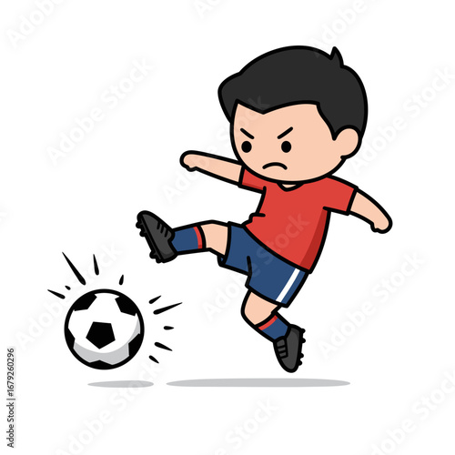 Angry cartoon boy fiercely kicks soccer ball.