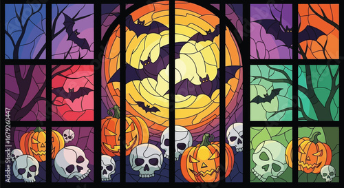 Halloween stained glass window with pumpkins bats skulls and full moon