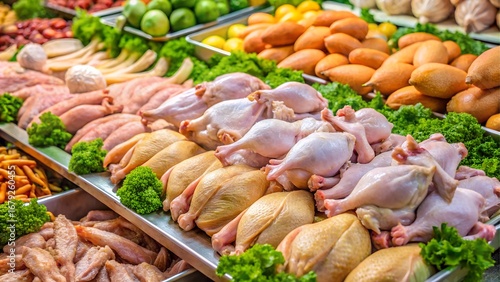 Fresh raw chicken and vegetables displayed at market